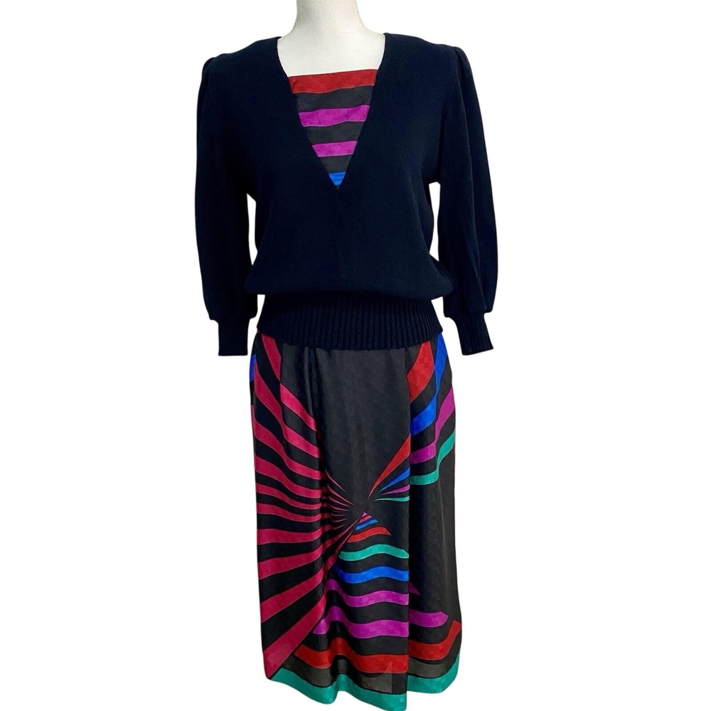 Vintage Anthony Sicari 2pc Set Black Pink Neon Striped Sweater Skirt Size 6 USA